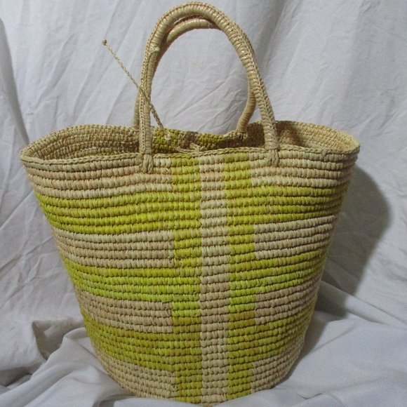 New SENSI STUDIO Woven Basket Bucket TOTE Bag NATURAL YELLOW Purse - Picture 2 of 7